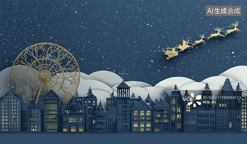 【AI数字艺术】雪夜小镇的宁静时光图片素材