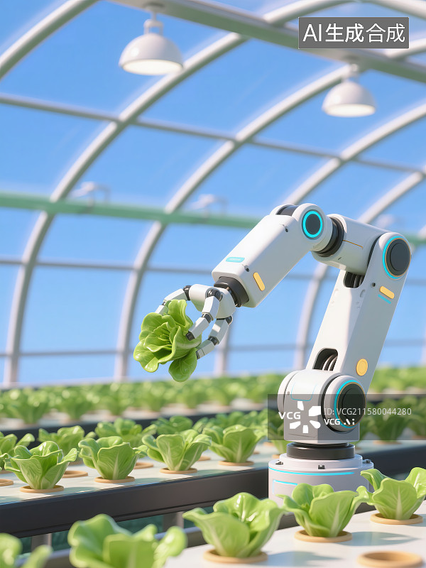 【AI数字艺术】大棚里机械采摘蔬菜图片素材