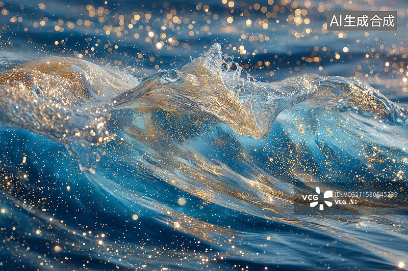 【AI数字艺术】蓝色的波浪闪烁着金色的光泽图片素材
