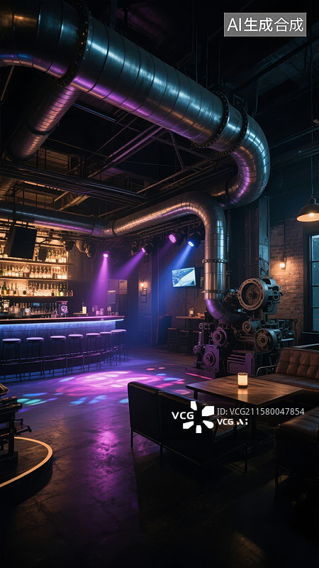 【AI数字艺术】工业风酒吧内部夜景图片素材