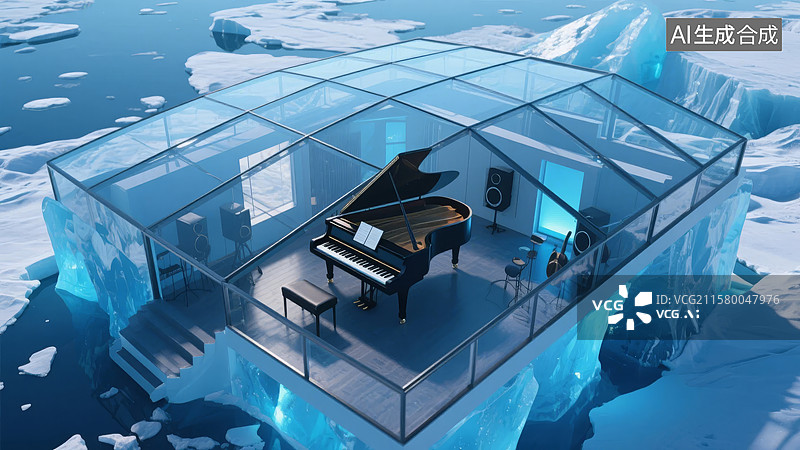 【AI数字艺术】冰川上的透明玻璃屋与钢琴图片素材