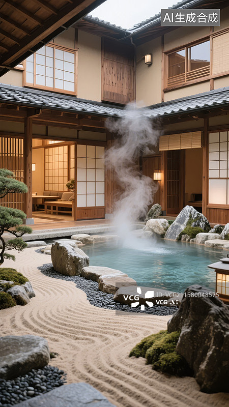 【AI数字艺术】日式庭院温泉，蒸汽袅袅，禅意盎然图片素材