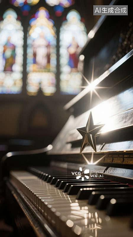 【AI数字艺术】教堂内钢琴与彩色玻璃窗图片素材