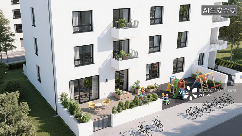 【AI数字艺术】现代公寓楼与儿童游乐区图片素材