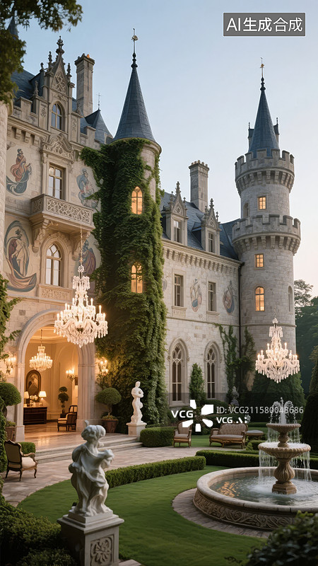 【AI数字艺术】华丽城堡庭院，夜景灯光璀璨图片素材