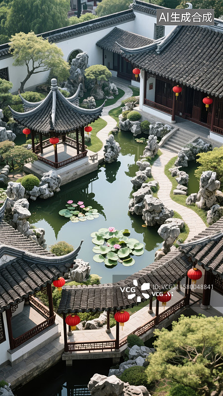 【AI数字艺术】古典园林景观，亭台楼阁与池塘相映成趣图片素材