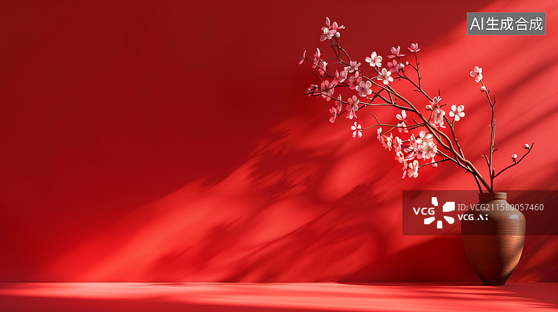 【AI数字艺术】红色背景中的几何构图展现了简约风格的春节主题，展现了产品展示空间的亮丽细节与高分辨率。图片素材