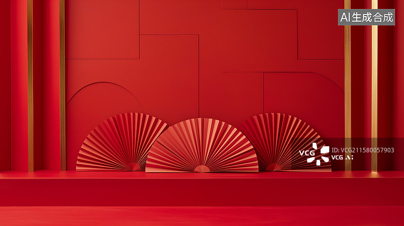 【AI数字艺术】红色背景的几何构图与新年主题的极简风格展示空间图片素材