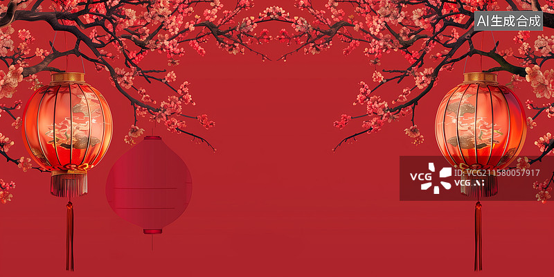 【AI数字艺术】红色背景中的几何构图展现了简约风格的春节主题，展现了产品展示空间的亮丽细节与高分辨率。图片素材