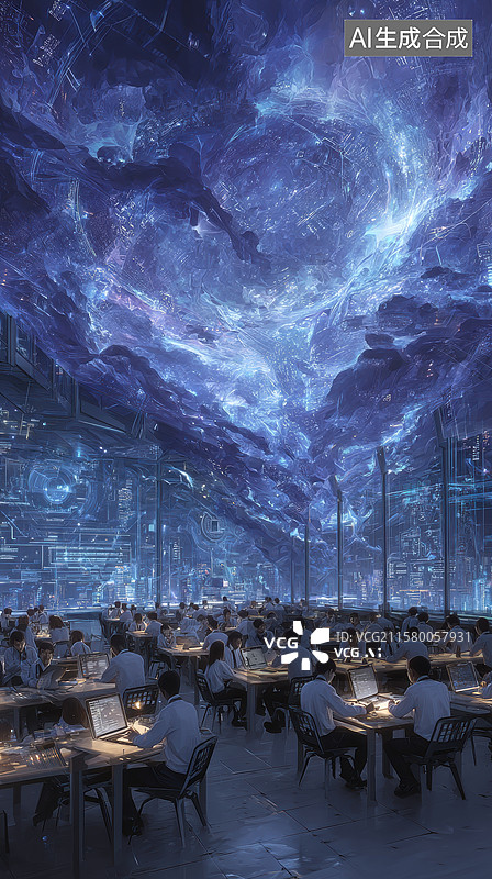 【AI数字艺术】未来科技办公室，星空穹顶下的工作场景图片素材