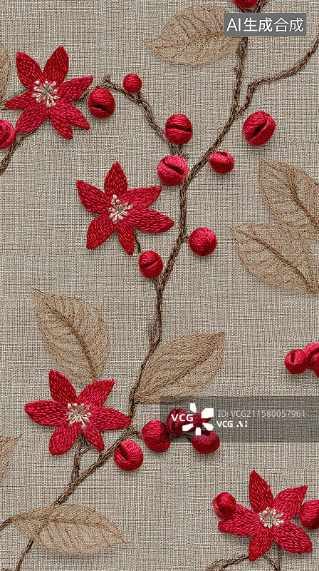 【AI数字艺术】红色花朵与棕色叶子的刺绣图案图片素材