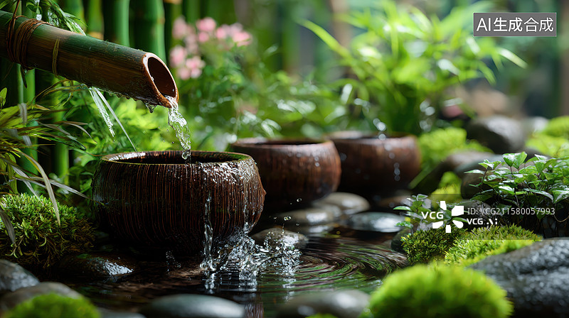 【AI数字艺术】竹筒流水注入石碗的宁静场景图片素材