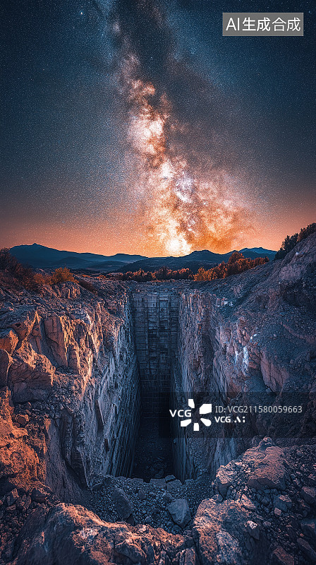 【AI数字艺术】夜晚废弃矿坑上空的星空银河自然风景图片素材