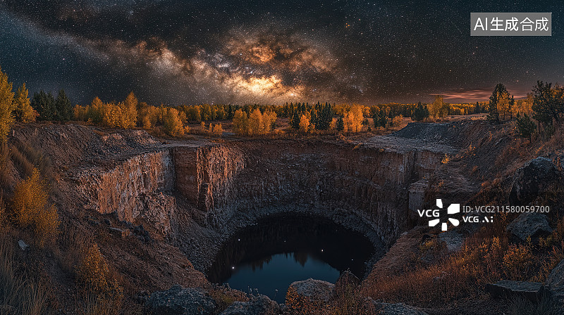 【AI数字艺术】夜晚废弃矿坑上空的星空银河自然风景图片素材
