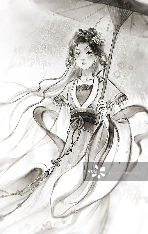 国风古风水墨人物插画-古代女子图片素材