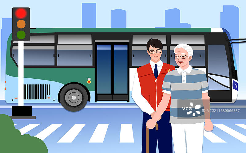 城市交通志愿者搀扶老人过马路图片素材