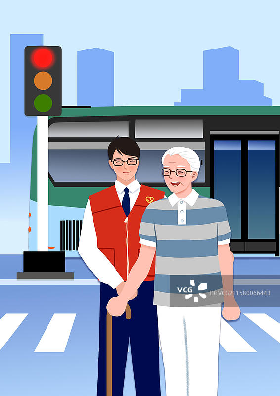 城市交通志愿者搀扶老人过马路图片素材