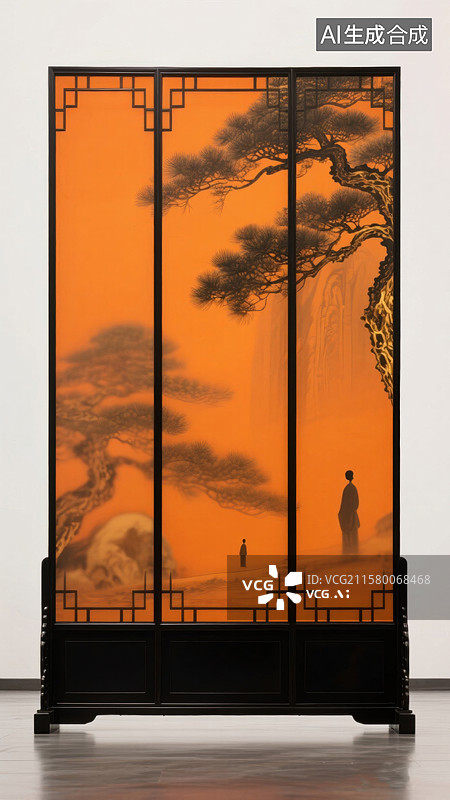 【AI数字艺术】橙色背景屏风上的山水人物画图片素材