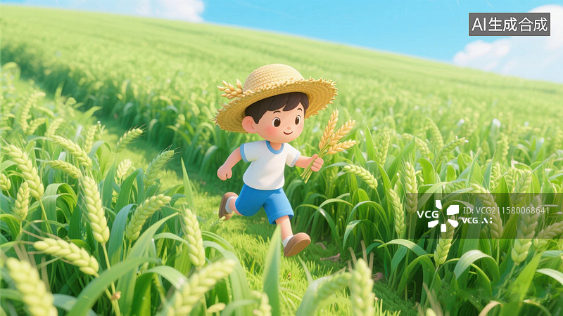 【AI数字艺术】孩童在麦田中奔跑图片素材