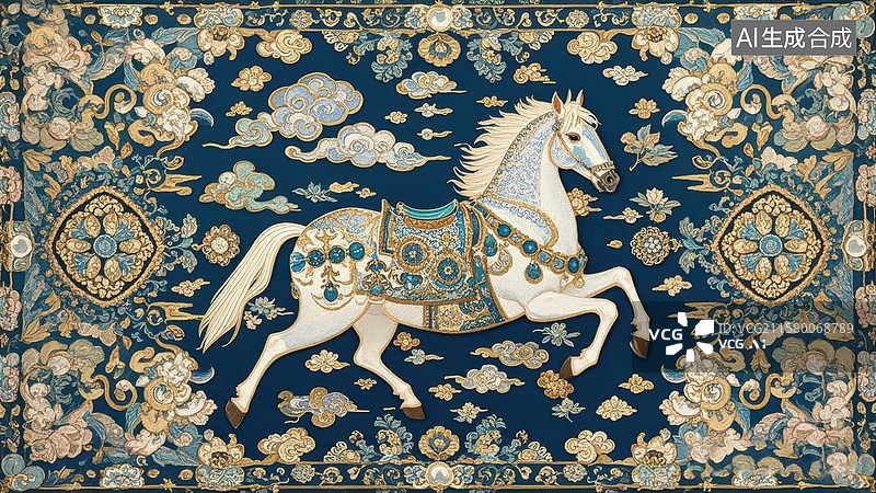 【AI数字艺术】华丽织锦上的白马图案图片素材