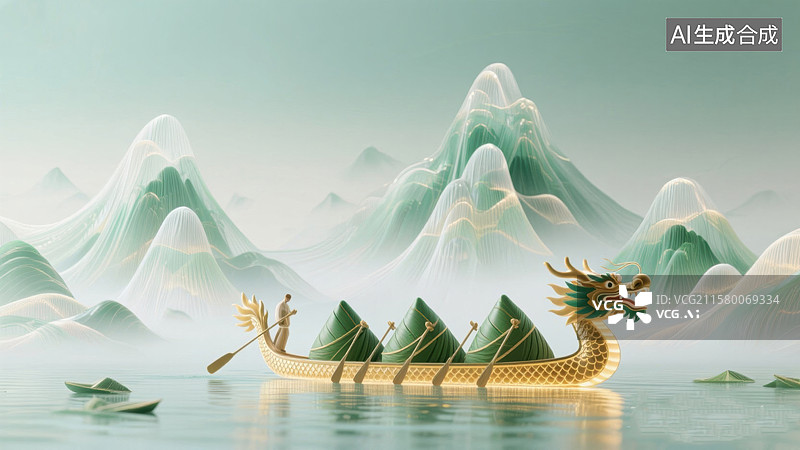 【AI数字艺术】龙舟划行于青山绿水间图片素材