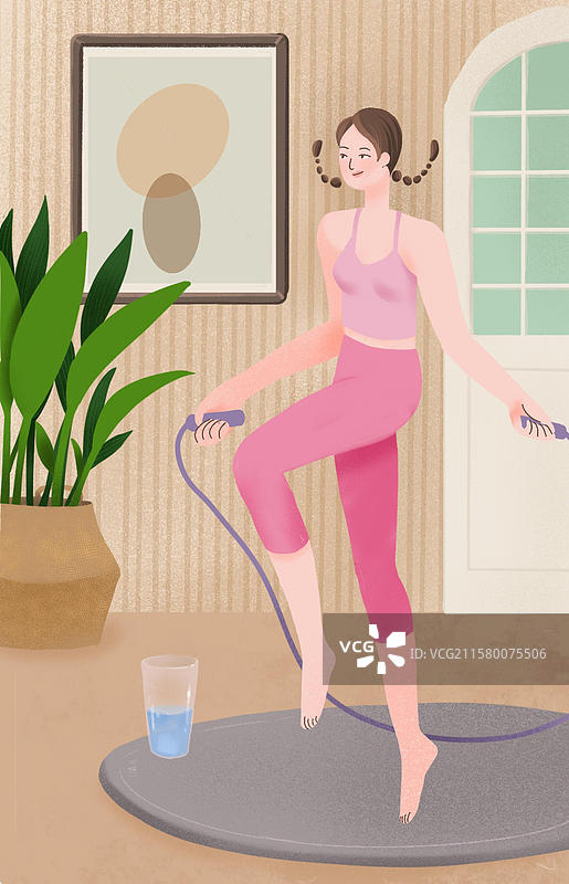女性室内跳绳运动扁平插画图片素材