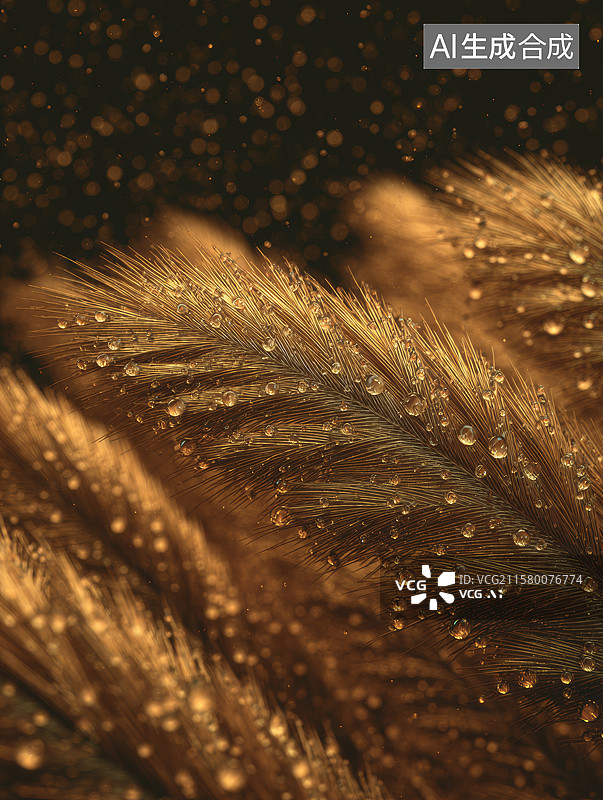 【AI数字艺术】微光下金色羽毛与颗粒光斑的梦幻景象图片素材