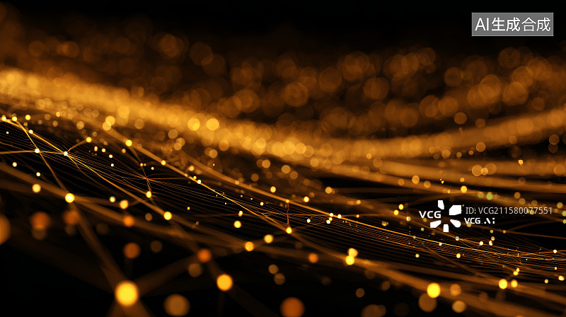 【AI数字艺术】黑金背景中流动光线构成的能量波纹图片素材