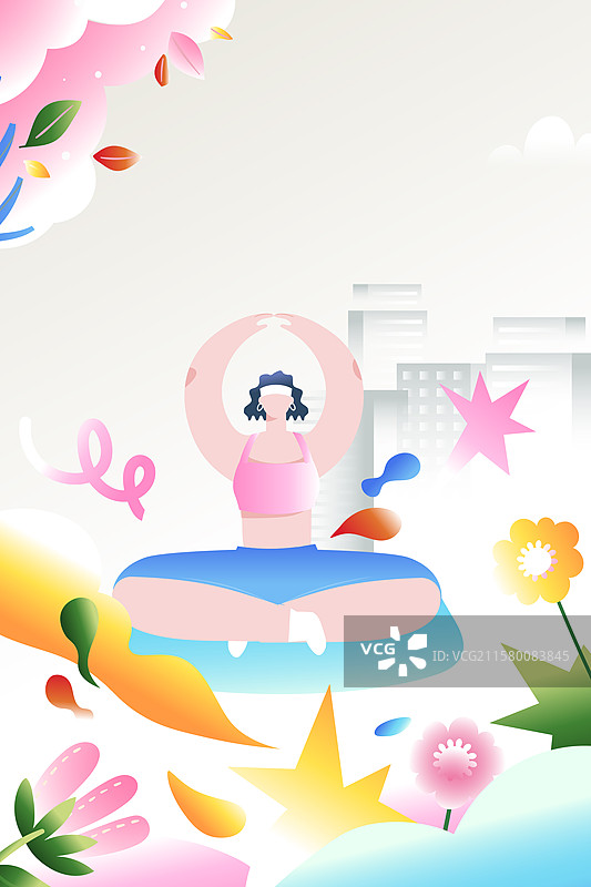 卡通青年学生运动会运动健身减肥比赛冠军举重瑜伽跑步马拉松购物消费活动电商建筑城市风景背景渐变矢量插画图片素材