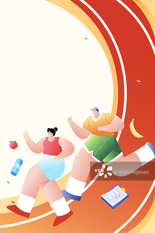 卡通青年学生运动会运动健身减肥比赛冠军举重瑜伽跑步马拉松购物消费活动电商建筑城市风景背景渐变矢量插画图片素材
