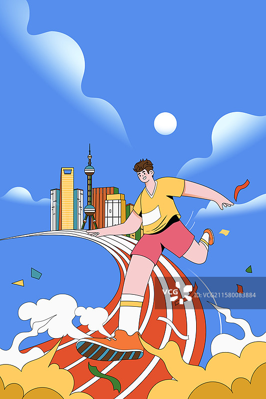 卡通青年学生运动会运动健身减肥比赛冠军举重瑜伽跑步马拉松购物消费活动电商建筑城市风景背景渐变矢量插画图片素材