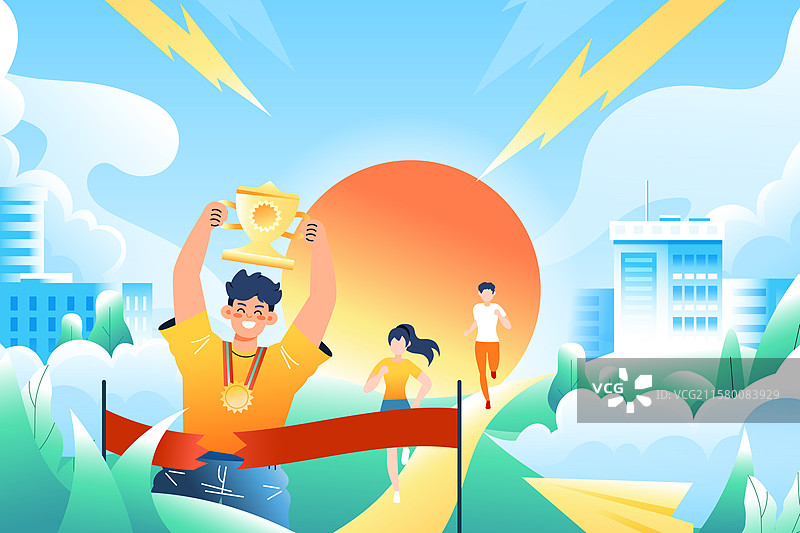 卡通青年学生运动会运动健身减肥比赛冠军举重瑜伽跑步马拉松购物消费活动电商建筑城市风景背景渐变矢量插画图片素材