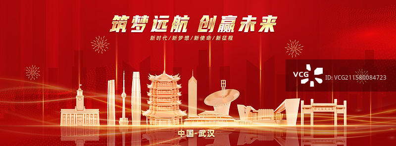 红色年终会议渐变风格展板科技风格年终总结背景武汉城市海报展板图片素材