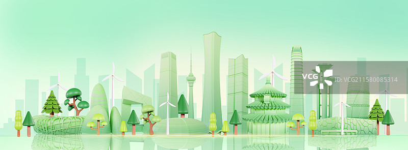 3D渲染的北京城市春天场景生态环保绿色城市北京插画图片素材