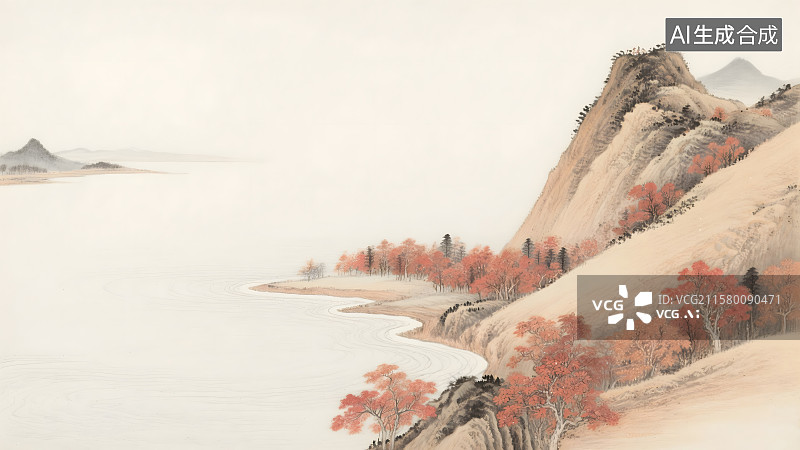 【AI数字艺术】古代水墨画---国风山水画，工笔画，留白的秋日山水画图片素材