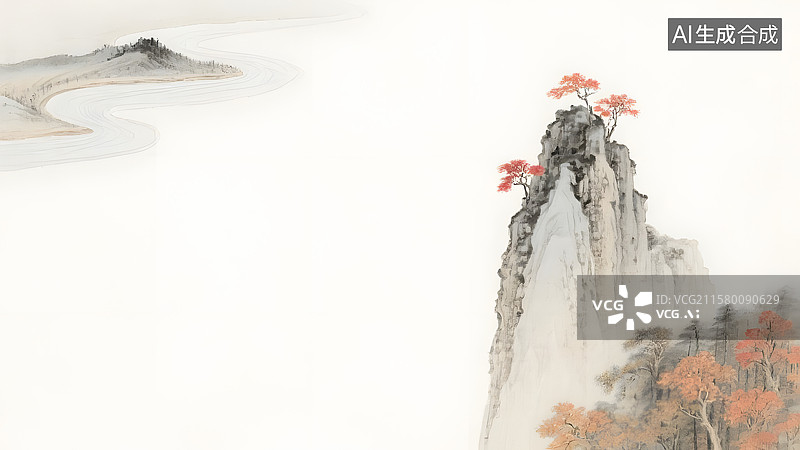 【AI数字艺术】古代水墨画---国风山水画，工笔画，留白的秋日山水画图片素材
