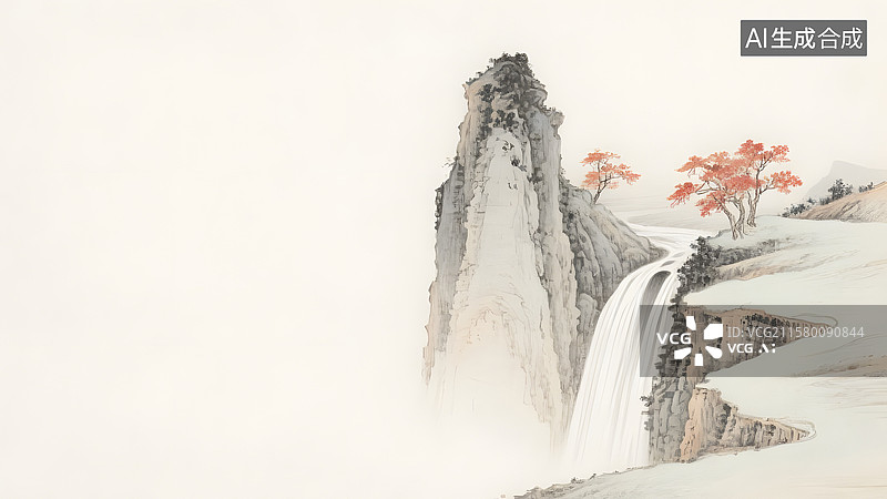 【AI数字艺术】古代水墨画---国风山水画，工笔画，留白的秋日山水画图片素材