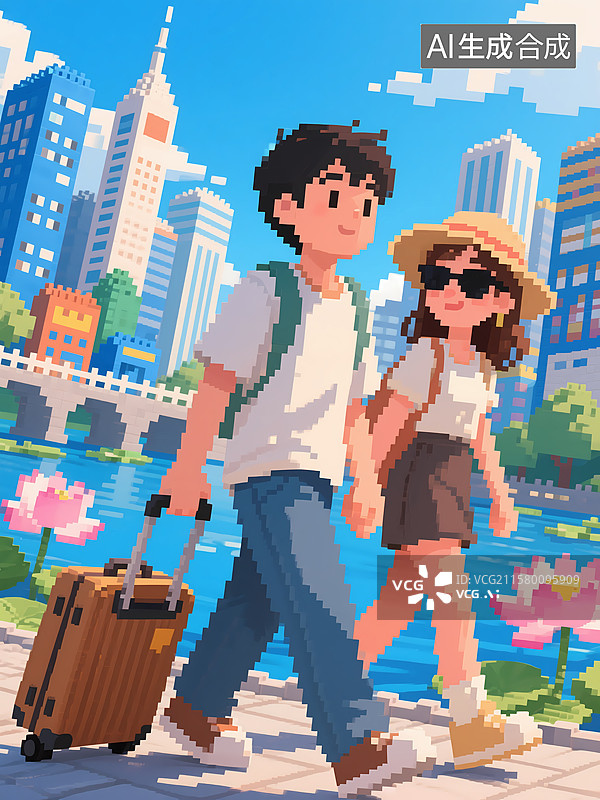 【AI数字艺术】城市河边的旅行情侣图片素材