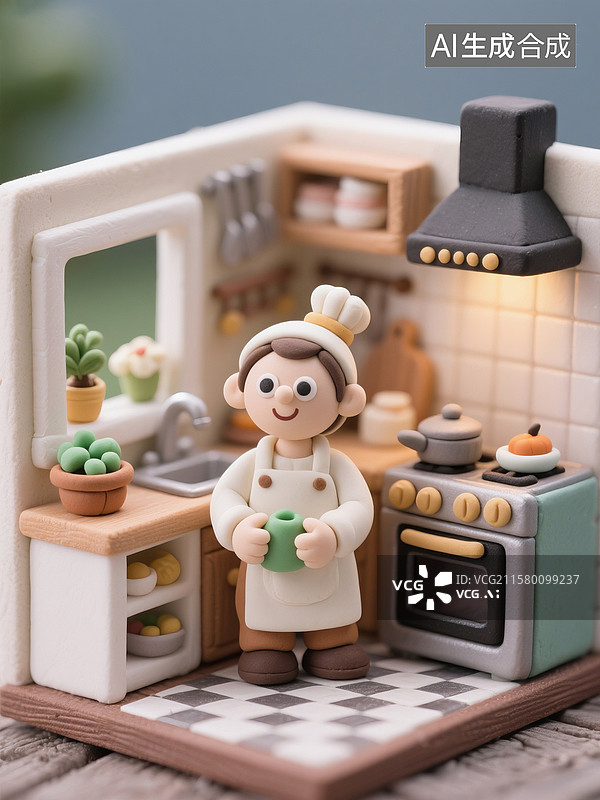 【AI数字艺术】微型粘土世界的厨房定格动画摄影图图片素材