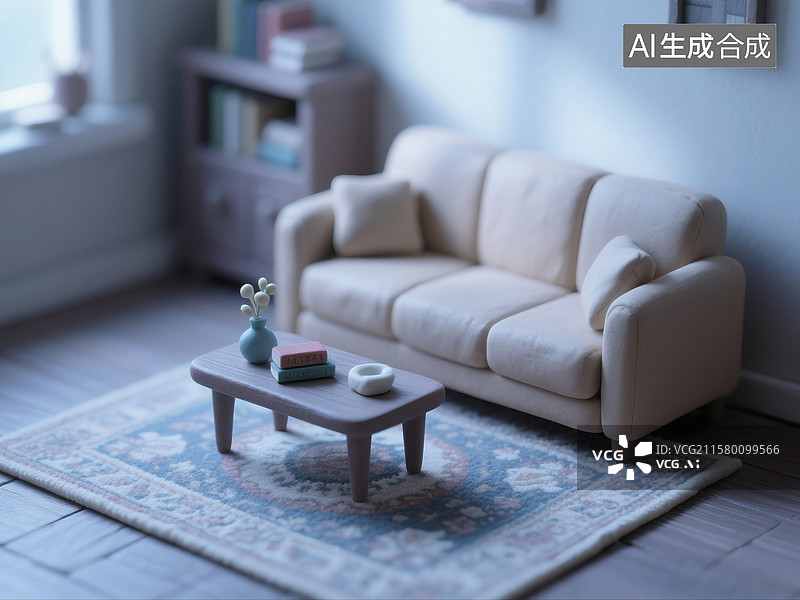 【AI数字艺术】微型粘土世界中的客厅沙发定格动画摄影图图片素材