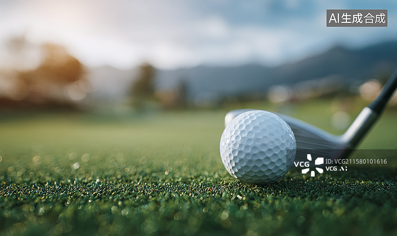 【AI数字艺术】高尔夫球与球杆置于翠绿草地，呈现户外阳光运动活力，打造简约自然的竞技体育视觉场景 。图片素材