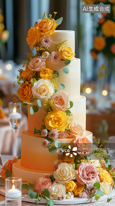 【AI数字艺术】现代婚礼上的精致多层婚礼蛋糕，融合藏红花、开心果与春季新鲜花卉装饰图片素材