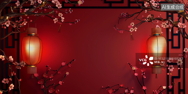 【AI数字艺术】红色背景中的几何构图展现了简约风格的春节主题，展现了产品展示空间的亮丽细节与高分辨率。图片素材
