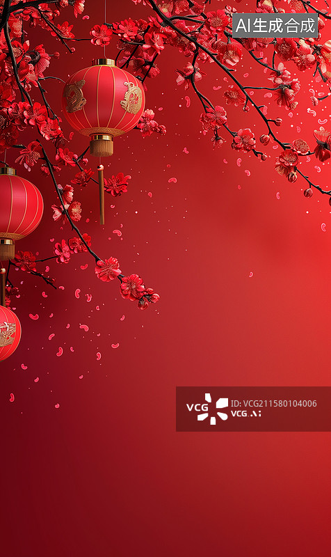 【AI数字艺术】红色背景中的几何构图展现了简约风格的春节主题，展现了产品展示空间的亮丽细节与高分辨率。图片素材