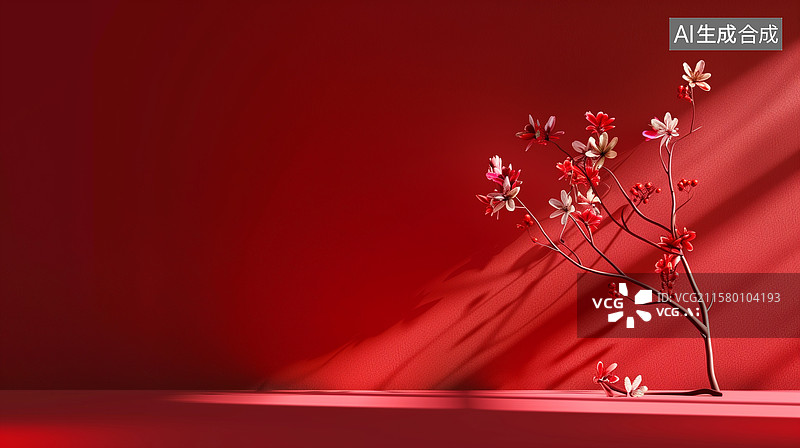 【AI数字艺术】红色背景中的几何构图展现了简约风格的春节主题，展现了产品展示空间的亮丽细节与高分辨率。图片素材