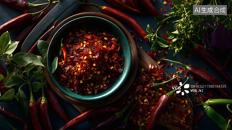【AI数字艺术】辣椒的盛宴：红辣椒与辣椒碎的特写图片素材