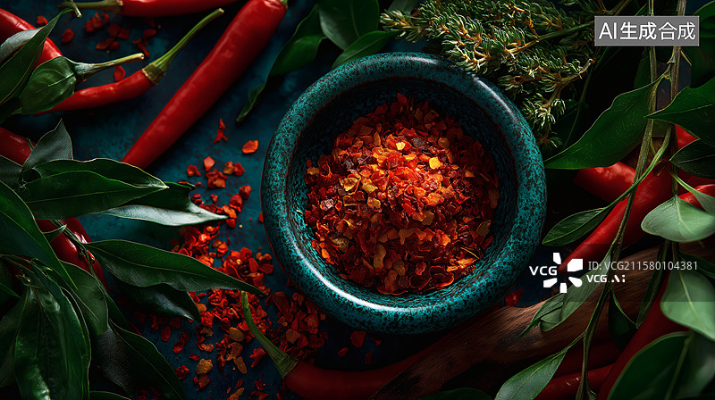 【AI数字艺术】辣椒的盛宴：红辣椒与辣椒碎的特写图片素材