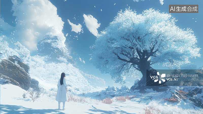 【AI数字艺术】冬日雪境飘雪树木梦幻图图片素材