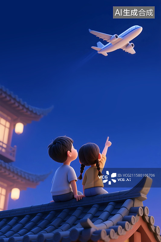 【AI数字艺术】3D立体三维C4D夜晚男孩女孩两个人坐在屋顶上看飞机飞过图片素材