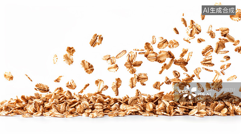 【AI数字艺术】燕麦格兰诺拉散落在白色背景上，展现出丰富的干果和谷物组合图片素材